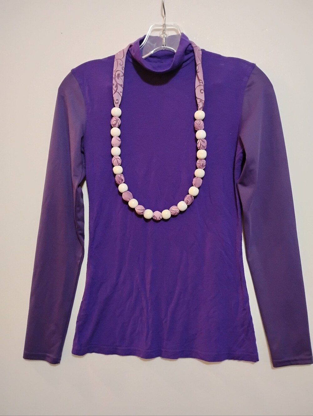 Purple Fabric Bead Necklace with White Accent Wooden Beads Adjustable Stylish